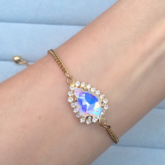 Jewelry - White Aurora Borealis Crystal Halo + Gold Pear Adjustable Boho Bracelet